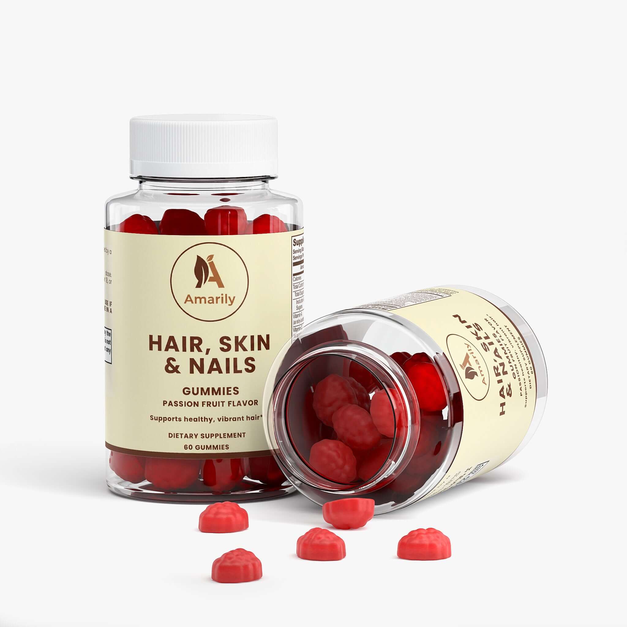 Hair Skin & Nails Gummies bottle with strawberry-flavored chewable gummies