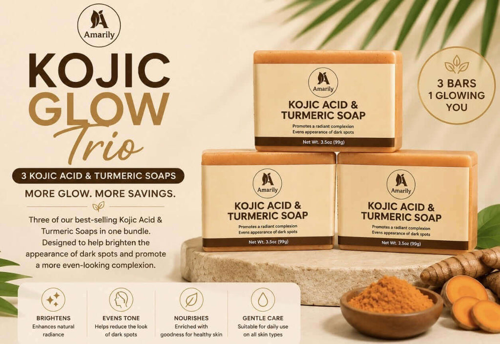 Kojic Acid & Turmeric Soap Bundle featuring three bars for brighter skin, part of the Kojic Glow Trio.