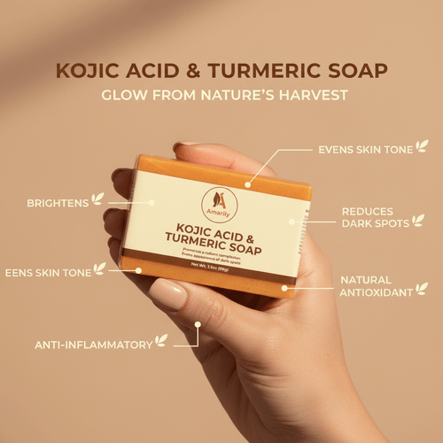 Kojic Acid & Turmeric Soap Bundle with benefits highlighted: brightens, evens skin tone, reduces dark spots.