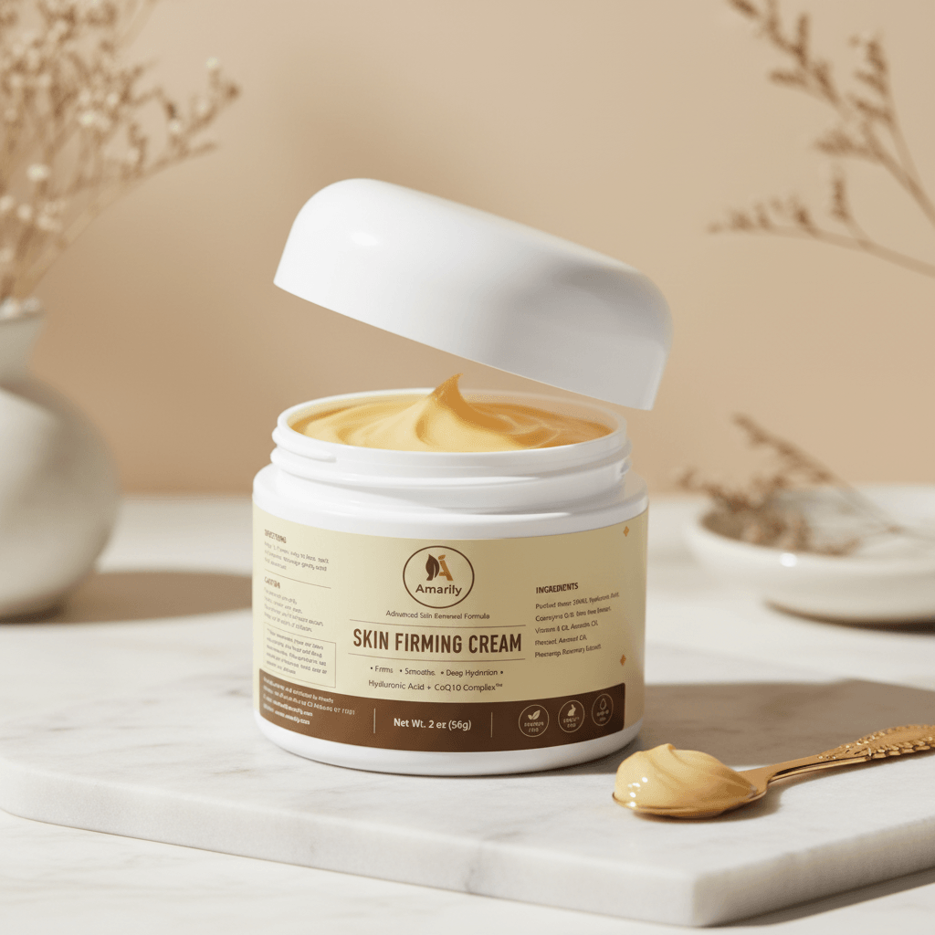 Skin Firming Cream jar displayed with skincare accessories
